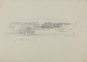 Widok przez łąkę do kościoła, 1834 (grafit na zielonym grubym papierze plecionym) autorstwa Edward Lear