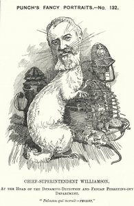 Karykatura dziurkacza: Adolphus Williamson, brytyjski policjant i pierwszy szef wydziału detektywistycznego Metropolitan Police (rycina) autorstwa Edward Linley (after) Sambourne