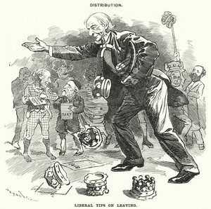 Poncz kreskówkowy: Dystrybucja. Liberalne wskazówki dotyczące odchodzenia (grawerowanie) autorstwa Edward Linley (after) Sambourne