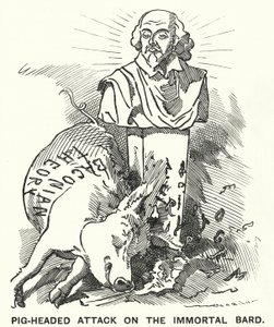 Punch cartoon: Pig-headed Attack on the Immortal Bard – teoria, że sztuki Williama Szekspira zostały napisane przez Sir Francisa Bacona (rycina)