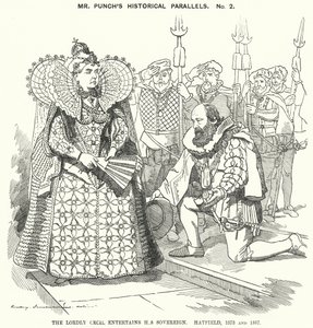 Karykatura ponczowa: Lordly Cecil Entertains Your Sovereign, Hatfield autorstwa Edward Linley (after) Sambourne