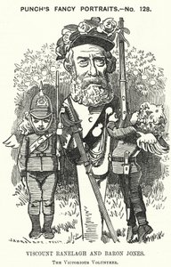Punch cartoon: Thomas Heron Jones, 7. wicehrabia Ranelagh i Baron Jones z Navan, promotor ruchu ochotniczego dla armii brytyjskiej (grafika) autorstwa Edward Linley (after) Sambourne