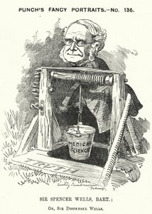Karykatura z dziurkacza: Thomas Spencer Wells, angielski lekarz, chirurg królowej Wiktorii (grafika)