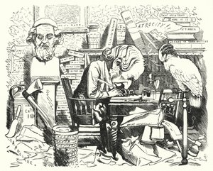 Punch cartoon: pisarz w pracy w swoim gabinecie (grawerowanie)