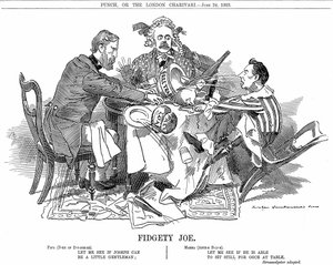 Rząd koalicyjny. Książę Devonshire i Arthur Balfour (w środku) próbują kontrolować Josepha Chamberlaina, lidera partii juniorów w koalicji. We wrześniu 1903 zrezygnował, aby swobodnie opowiadać się za reformą taryf celnych. Karykatura Edwarda Linleya Sambo