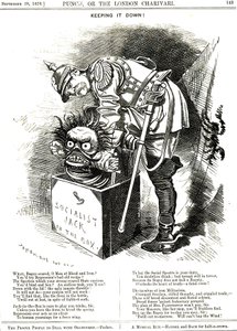 Utrzymuj to w ryzach. Otto von Bismarck (1815-1898) Kanclerz Niemiec, próbujący wepchnąć Jacka Socjalizmu z powrotem do swojej loży. Podpisy mówią mu, że każdy akt represji jest eliksirem ludzkiego pragnienia większej wolności. Karykatura Edwarda Linleya S