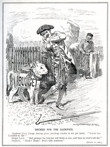 Lloyd George przygotowuje się do wysłania swojej "owieczki", "Budżetu Ludowego", na ofiarę i zabicie przez Izbę Lordów, 1909 r. autorstwa Edward Linley Sambourne
