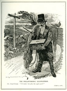 „Filantropijny rozbójnik”, Lloyd George z funduszu emerytalnego, rysunek z magazynu „Punch”, 5 sierpnia 1908