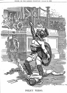 Wraz z powrotem liberalnego rządu w Wielkiej Brytanii w grudniu 1905 r. Wolny handel był polityką, a nie konserwatywną polityką ochrony przez Taryfę. Karykatura Edwarda Linleya Sambourne