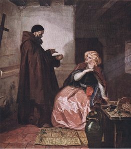 Julia i brat Laurence (Romeo i Julia) Weź fiolkę, będąc w łóżku, i wypij ten destylowany trunek, z publikacji The Complete Works of William Shakespeare, autorstwa J Coker & Co Ltd (c