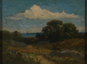 Krajobraz (drzewa i skały nad jeziorem) autorstwa Edward Mitchell Bannister