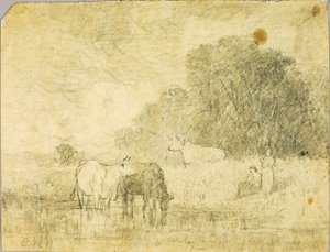 Krajobraz z krowami nad stawem, dwie postacie autorstwa Edward Mitchell Bannister