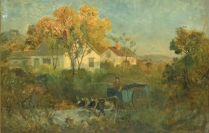 Człowiek z basenem do picia w wozie z wołami przy basenie, 1895. autorstwa Edward Mitchell Bannister