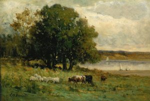 Bez tytułu (bydło w pobliżu rzeki z żaglówką w oddali) autorstwa Edward Mitchell Bannister