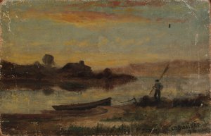 Bez tytułu (krajobraz, łódź zacumowana przy brzegu z idącym mężczyzną) autorstwa Edward Mitchell Bannister