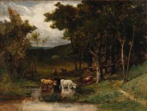 Bez tytułu (krajobraz z krowami w strumieniu w pobliżu drzew) autorstwa Edward Mitchell Bannister