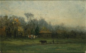 Bez tytułu (krajobraz z człowiekiem orzącym pole) autorstwa Edward Mitchell Bannister