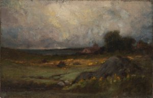 Bez tytułu (krajobraz ze skałą na pierwszym planie i dachem z wieżą, jezioro w tle) autorstwa Edward Mitchell Bannister