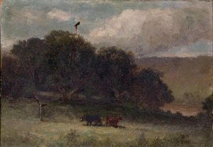 Bez tytułu (krajobraz z drzewami i dwiema krowami na łące) autorstwa Edward Mitchell Bannister