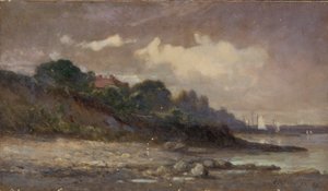 Bez tytułu (linia brzegowa z żaglówkami i dachem) autorstwa Edward Mitchell Bannister