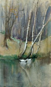Scena z drewna bez tytułu z brzozami i kaczkami, b.d. autorstwa Edward Mitchell Bannister