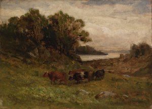 Bez tytułu pięć krów pasących się z drzewami i rzeką w tle. autorstwa Edward Mitchell Bannister