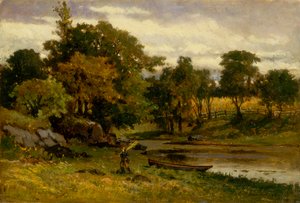 Krajobraz bez tytułu, łódź zacumowana w pobliżu strumienia, mężczyzna idący na pierwszym planie, 1879. autorstwa Edward Mitchell Bannister