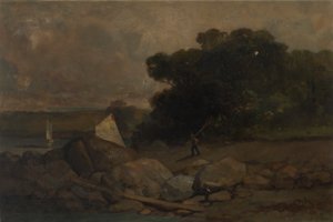 Krajobraz bez tytułu ze skałami, człowiekiem i żaglówkami, 1895. autorstwa Edward Mitchell Bannister