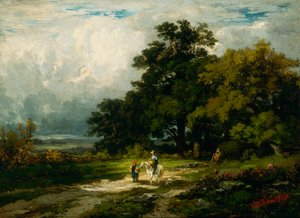 Bez tytułu mężczyzna na koniu z kobietą i psem. autorstwa Edward Mitchell Bannister