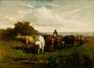 Mężczyzna bez tytułu na koniu, kobieta na piechotę pędząca bydło, 1880 r.