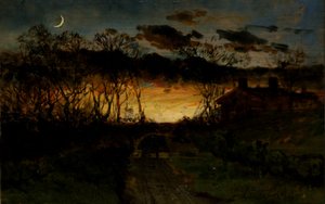 Zachód słońca bez tytułu z księżycem w kwadrze i domem wiejskim, 1883 r.