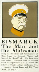Bismarck: The Man and the Statesman”, plakat przedstawiający popiersie portretowe niemieckiego męża stanu Otto von Bismarcka (1815-1898) oraz reklamujący pamiętnik Bismarcka autorstwa Edward Penfield