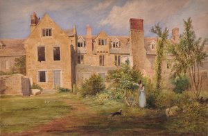 W Nottingham (tył kamiennych budynków z kobietą, psem i rolką ogrodową) autorstwa Edward Pretty