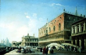 Piazzetta, Wenecja, z licznymi figurami przy Pałacu Dożów (olej na płótnie) autorstwa Edward Pritchett