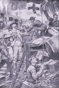 Fałszywy karetka pogotowia niszcząca sklepy w Komati Foort pod osłoną flagi Czerwonego Krzyża, ilustracja z filmu After Pretoria: The Guerilla War, 1902 autorstwa Edward Read