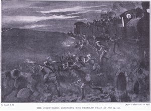 Coldstreams broniący wykolejonego pociągu, ilustracja z filmu After Pretoria: The Guerilla War, 1902 autorstwa Edward Read