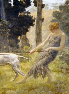 Kobieta wyprowadzająca psa (tempera na pokładzie) autorstwa Edward Robert Hughes