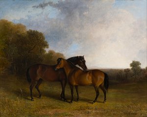 Dwóch myśliwych w krajobrazie, ok. 1830-99 (olej na płótnie)