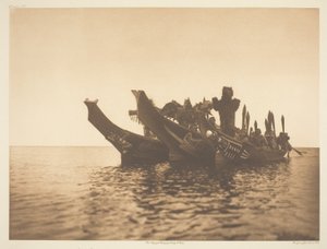 Zamaskowani tancerze w kajakach-Qagyuhl A autorstwa Edward S. Curtis