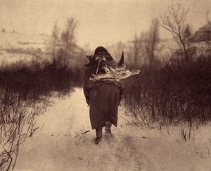 Jadąc na obóz. Indianin apsaroke niosący drewno na śniegu w małym obozie zimowym w pobliżu strumienia w górach Pryor w stanie Montana. Zdjęcie pochodzi z tomu 4 encyklopedii wydanej przez Edwarda S. Curtisa (1868-1952) na temat Indian Ameryki Północnej, z autorstwa Edward Sheriff Curtis