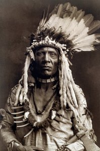 Ogon łasicy (Apohsuyis). Portret wodza Indian z plemienia Piegan ma na sobie słynne pióro orła i nakrycie głowy łasicy, zamszową tunikę, dwa naszyjniki, jeden z kości, a drugi z pazurami grizzly, oraz fajkę tomahawk autorstwa Edward Sheriff Curtis