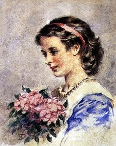 Młoda dziewczyna z pękiem różowych kwiatów (akwarela, ołówek, papier) autorstwa Edward Tayler