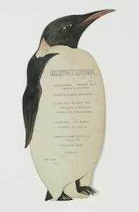 Menu w kształcie pingwina cesarskiego na kolację w dniu Środka Zimy, Cape Evans, 22 czerwca 1912 (długopis i gwasz na karcie) autorstwa Edward W. Nelson