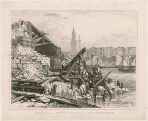 Rozbiórka części Old London Bridge. Marzec 1832 r. autorstwa Edward William Cooke