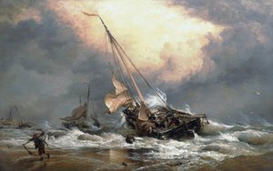 Rybacy ciągnący swoje łodzie na brzegu Morza Północnego, niedaleko Scheveningen (Holandia). Olej na płótnie autorstwa Edward William Cooke
