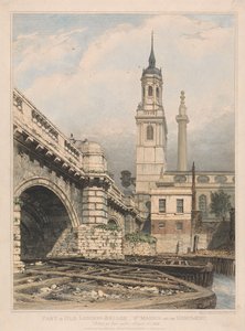 Część starego London Bridge, kościół św. Magnusa i pomnik