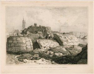 Część mostu Old London Bridge w formie, w jakiej pojawił się w czerwcu 1832 r. autorstwa Edward William Cooke