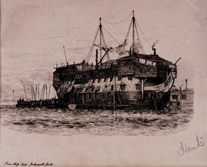 Statek więzienny York w porcie Portsmouth autorstwa Edward William Cooke