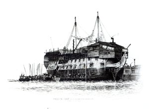 Statek więzienny w porcie Portsmouth: skazani wchodzący na pokład, 1828