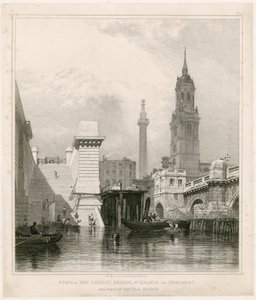Schody Nowego Mostu Londyńskiego, St Magnus, Pomnik i część Starego Mostu autorstwa Edward William Cooke